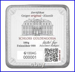 100 Gram Geiger Edelmetalle. 9999 Fine Silver Square Cast Bar Sealed SN 002845
