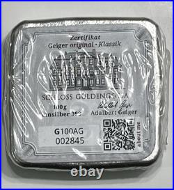 100 Gram Geiger Edelmetalle. 9999 Fine Silver Square Cast Bar Sealed SN 002845