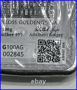 100 Gram Geiger Edelmetalle. 9999 Fine Silver Square Cast Bar Sealed SN 002845