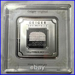 100 Gram Geiger Silver Bar Edelmetalle. 999 Fine Original Square in Assay