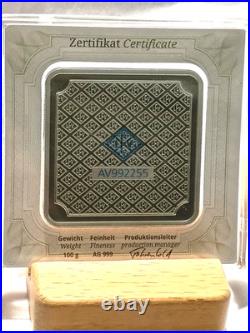 100 Gram Geiger Silver Bar Edelmetalle. 999 Fine Original Square in Assay
