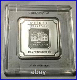 100 Gram Geiger Silver Bar Edelmetalle. 999 Fine Original Square in Assay
