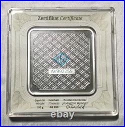 100 Gram Geiger Silver Bar Edelmetalle. 999 Fine Original Square in Assay