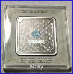 100 Gram Geiger Silver Bar Edelmetalle. 999 Fine Original Square in Assay