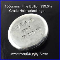 100 Grams Fine Grade 999.5 Solid Silver Bullion Hallmarked Ingot Investment Bar