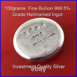 100 Grams Fine Grade 999.5 Solid Silver Bullion Hallmarked Ingot Investment Bar