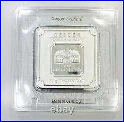 100 gram Geiger Original square. 999 fine silver bar in assay C33