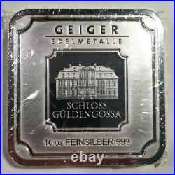 10 Oz. 999 Fine Silver Geiger Edelmetalle Sealed Square Bar Blast White