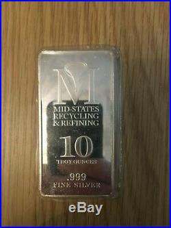 10 Oz MID States Recycling & Refining Solid Silver Bar 10 Troy Ounce Bullion
