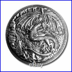 10 oz. Dragon vs. Viking. 999 Fine Silver High Relief In a Solid Oak Box
