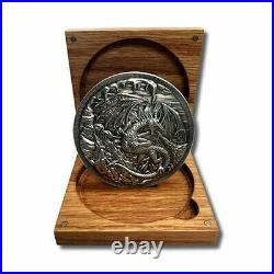 10 oz Monarch Dragon vs Viking Silver Rounds. 999 Fine withSolid Oak Display Box