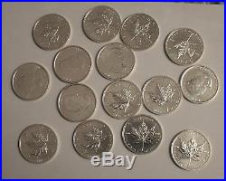 15 x 1 TROY OZ. 9999 FINENESS 2012 CANADIAN MAPLE LEAF SOLID SILVER COINS