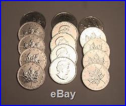 15 x 1 TROY OZ. 9999 FINENESS 2012 CANADIAN MAPLE LEAF SOLID SILVER COINS