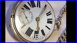 1800s, ANTIQUE LARGE SOLID SILVER OPEN FACED FUSEE POCKET WATCH WITH HEAVY ALBERT