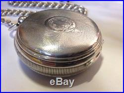 1800s, ANTIQUE LARGE SOLID SILVER OPEN FACED FUSEE POCKET WATCH WITH HEAVY ALBERT