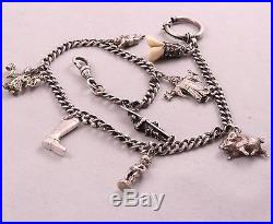 1900s Antique SOLID SILVER POCKET WATCH CHAIN WITH Little Figurine AMULETS 35Gr
