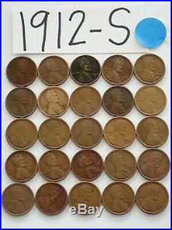 1912-s Cent Half Roll Solid Date = 25 Lincoln Wheat Pennies (8 Items Ship Free)