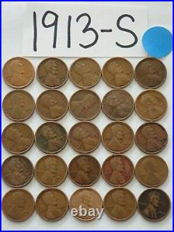 1913-s Cent Half Roll Solid Date = 25 Lincoln Wheat Pennies (8 Items Ship Free)