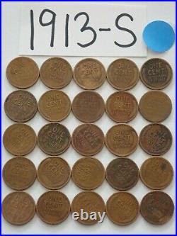 1913-s Cent Half Roll Solid Date = 25 Lincoln Wheat Pennies (8 Items Ship Free)