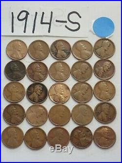 1914-s Cent Half Roll Solid Date = 25 Lincoln Wheat Pennies (8 Items Ship Free)