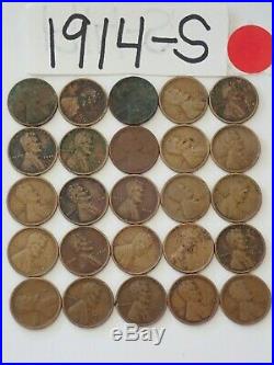1914-s Cent Half Roll Solid Date =25 Lincoln Wheat Pennies (8 Items Ship Free)