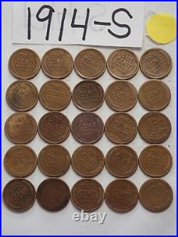 1914-s Cent Half Roll Solid Date =25 Lincoln Wheat Pennies (8 Items Ship Free)