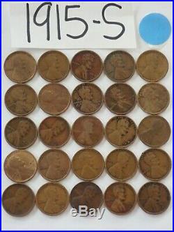 1915-s Cent Half Roll Solid Date =25 Lincoln Wheat Pennies (8 Items Ship Free)
