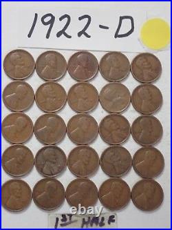 1922-D CENT HALF ROLL SOLID DATE = 25 LINCOLN WHEAT PENNIES 8 or more ship free