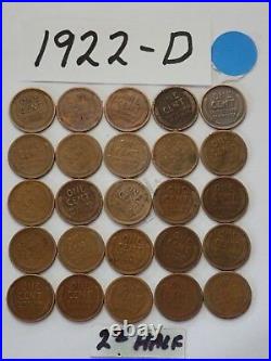 1922-D CENT HALF ROLL SOLID DATE = 25 LINCOLN WHEAT PENNIES(8 + ships free)