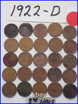 1922-d Cent Half Roll Solid Date = 25 Lincoln Wheat Pennies (8 Ships Free)