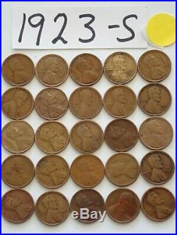 1923-S CENT HALF ROLL SOLID DATE =25 LINCOLN WHEAT PENNIES 8 or more ship free