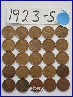 1923-S CENT HALF ROLL SOLID DATE = 25 LINCOLN WHEAT PENNIES(8 or more ship free)