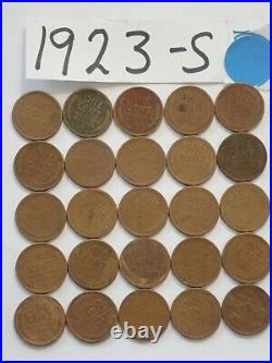 1923-S CENT HALF ROLL SOLID DATE = 25 LINCOLN WHEAT PENNIES(8 or more ship free)
