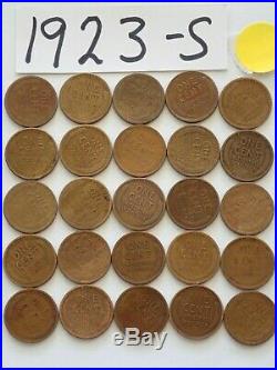 1923-S CENT HALF ROLL SOLID DATE =25 LINCOLN WHEAT PENNIES 8 or more ship free