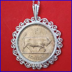 1968 Irish Ireland 1 Shilling Bull BU Coin Solid Sterling Silver Necklace NEW