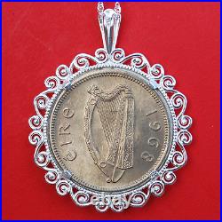 1968 Irish Ireland 1 Shilling Bull BU Coin Solid Sterling Silver Necklace NEW