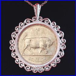 1968 Irish Ireland 1 Shilling Bull BU Coin Solid Sterling Silver Necklace NEW
