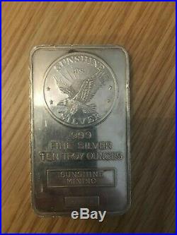 1982 10 Oz Sunshine State Silver Solid Silver Bar 10 Troy Ounce Bullion