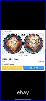 1989 American Silver Eagle PCGS MS68 Colorful SQUARE tonning