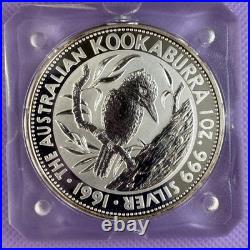 1991 Australia Kookaburra 1 oz Silver Coin. 999 Fine Silver Square Capsule