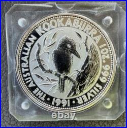 1991 Australia Kookaburra 1 oz Silver Coin. 999 Fine Silver Square Capsule