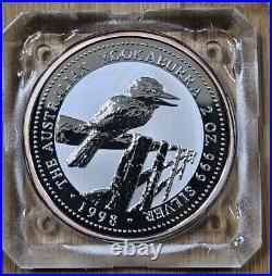 1998 Australia 2 oz. Kookaburra Silver Coin in Original Square Capsule BU toning