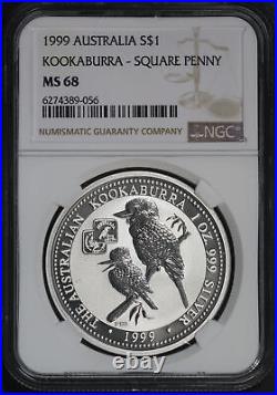 1999 Australia $1 Silver Kookaburra Square Penny Privy NGC MS-68