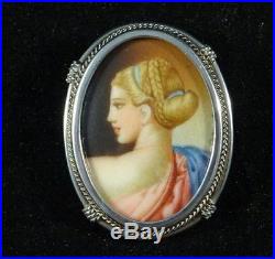 19th Century Solid Silver Oval Miniature Portrait Painting Pendant or Brooch