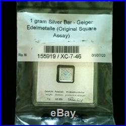 1 Gram. 999 Fine Silver Bullion Bar Geiger Edelmetalle Original Square Assay