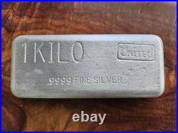 1 Kilo. 9999 Fine Silver Bar United Investment Bullion Poured Solid 4.25 x 1.75