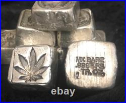 1 Troy Oz. MK BARZ Hemp Leaf Stamped Cube. 999 Fine Silver