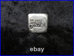 1 Troy Oz. MK BARZ Hemp Leaf Stamped Cube. 999 Fine Silver