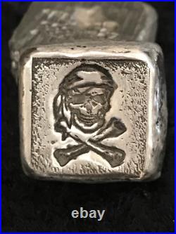 1 Troy Oz MK BARZ Skull & Cross Bones Stamped Cube. 999 Fine Silver