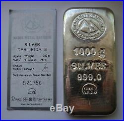 1 kilo. 999 solid fine silver bar with certificate guaranteed genuine 1000g